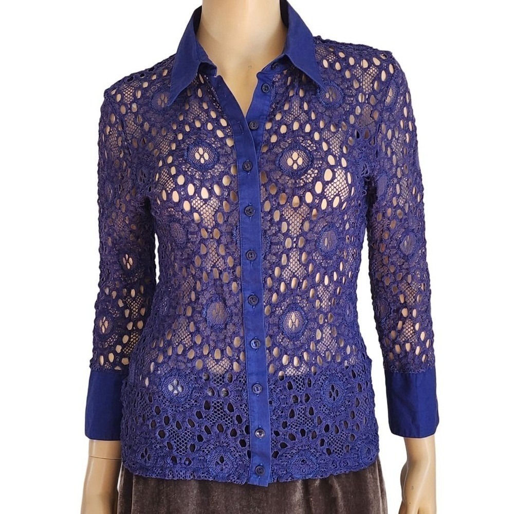 ANNE FONTAINE Secille Blue Lace Button Down Shirt Size 40 8 M